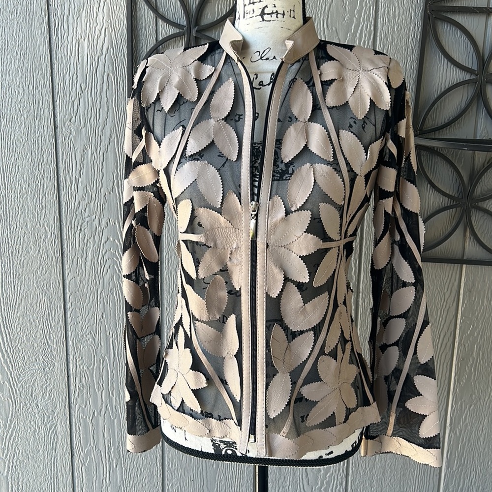 Tess Vintage Leather & Mesh Jacket Zip Front Collarless Vintage 90s Size Small S